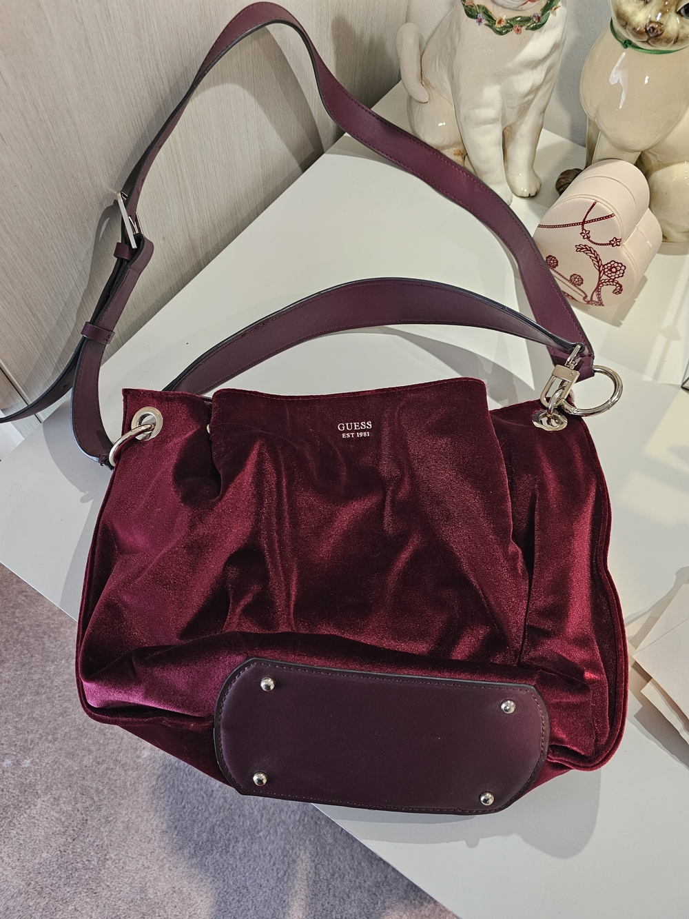 Guess Velvet Shoulder Bag in Burgundy